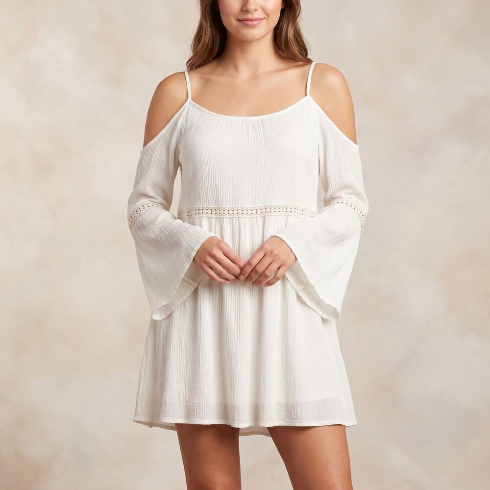 Birdcage Women's Boho Cold Shoulder Dress Bell Sleeve Crochet Gauze White M